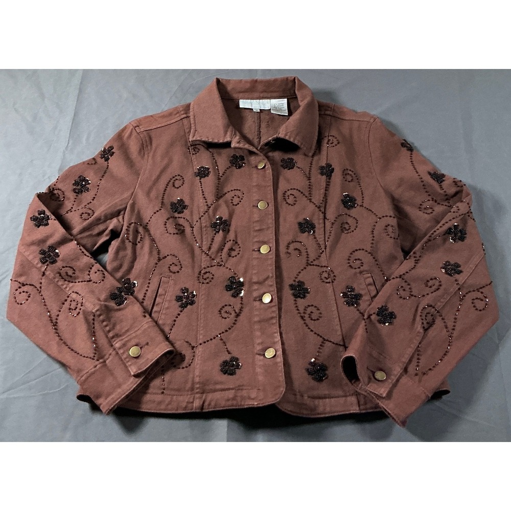 NorthStyle Brown Beaded Floral Sequin Cotton Blend Button Front Jacket Womens M